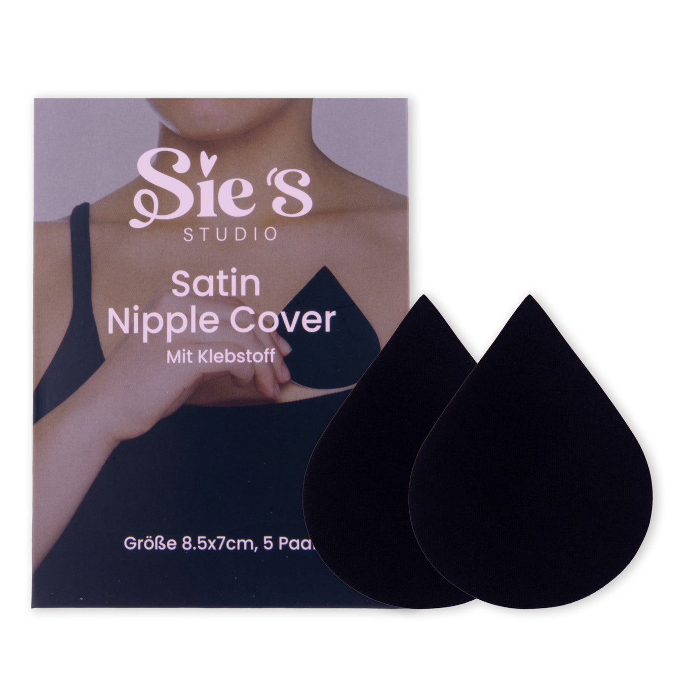 Selbstklebende Satin Nipple Covers in Tropfenform – schwarz, 5 Paar pro Packung, ideal fuer diskrete Abdeckung unter freizuegiger Kleidung