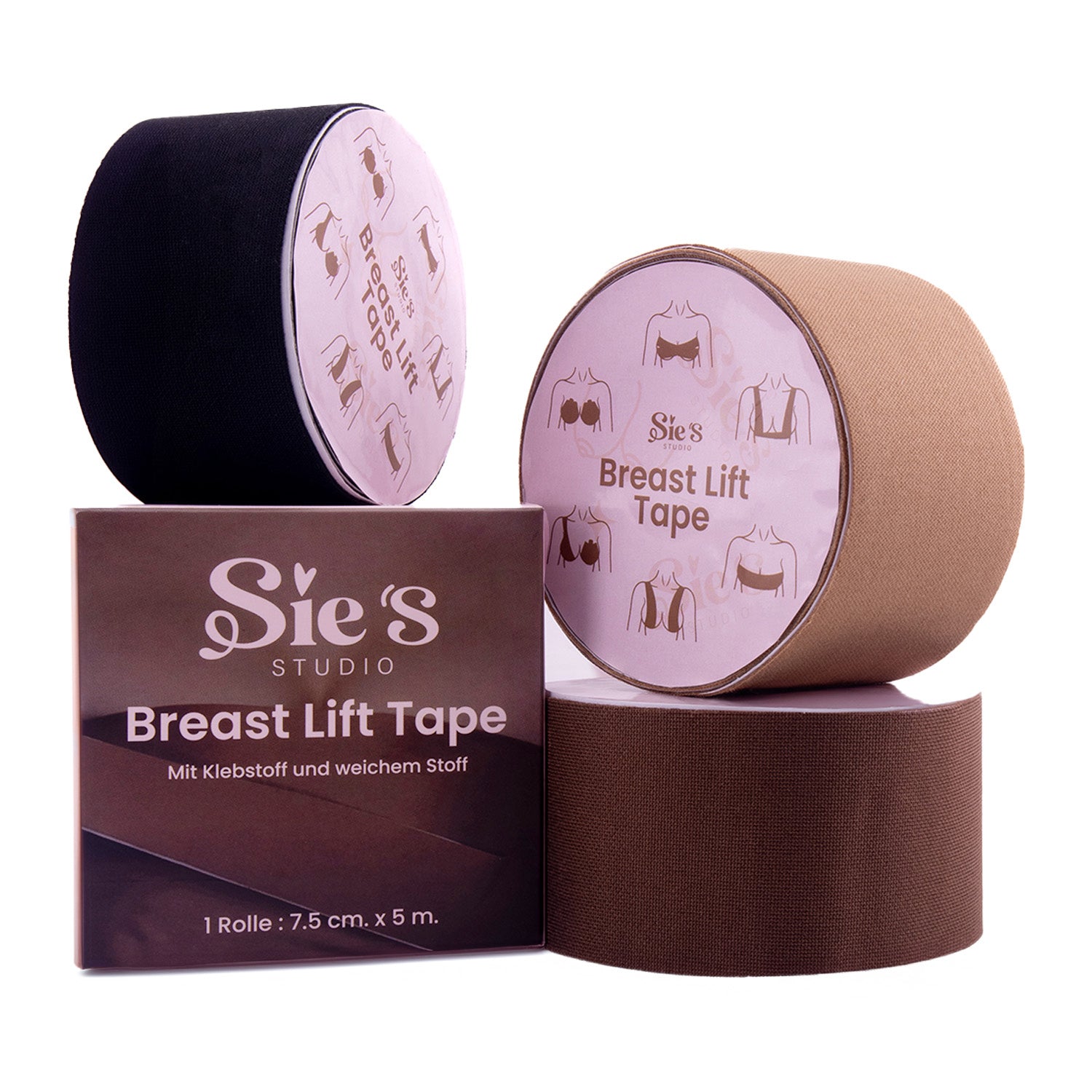 Breast Lift Tape in Schwarz, Nude und Braun mit Verpackung – 7,5 cm x 5 m von Sie’s Studio, fuer sicheren Halt ohne BH