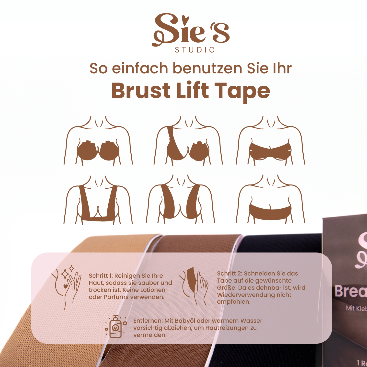 Anleitung zur Anwendung von Brust Lift Tape – Schritt-fuer-Schritt erklaert mit Illustrationen und Tipps zur sicheren Nutzung von Sie’s Studio