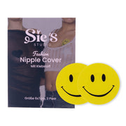 Sie S Studio Fashion Nipple Cover im gelben Smiley-Design, selbstklebend, 3 Paar in der Groeße 6x7 cm. Verpackung zeigt Nipple Covers in verschiedenen Designs, ideal fuer diskrete und modische Brustabdeckung unter transparenten Outfits.