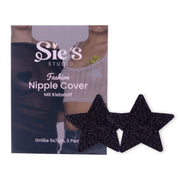 Sie S Studio Fashion Nipple Cover in schwarzer Sternform, selbstklebend, 3 Paar in der Groeße 6x7 cm. Verpackung zeigt Nipple Covers in verschiedenen Designs, ideal fuer diskrete und modische Brustabdeckung unter durchsichtigen Outfits.