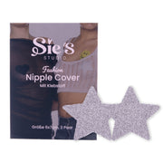 Sie S Studio Fashion Nipple Cover in Sternform, selbstklebend, 3 Paar in der Groeße 6x7 cm. Verpackung zeigt Nipple Covers in verschiedenen Designs, ideal fuer diskrete und modische Abdeckung unter transparenten Kleidungsstuecken.