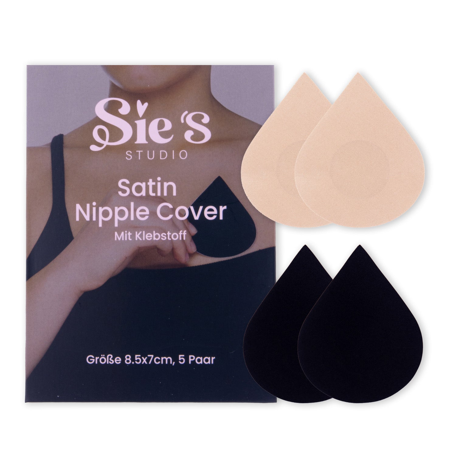 Satin Nipple Covers in Tropfenform – selbstklebend in Schwarz und Nude, 5 Paar pro Packung von Sie’s Studio, ideal für dezente Abdeckung